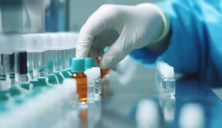 Hand with sanitary gloves checks medical vials on a clinical production line